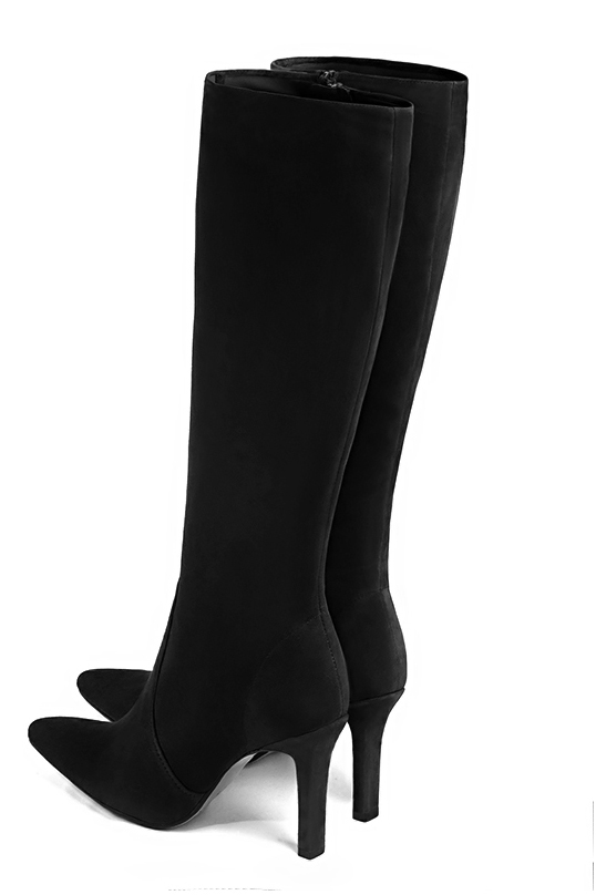 Matt black women's feminine knee-high boots. Tapered toe. Very high slim heel. Made to measure. Rear view - Florence KOOIJMAN